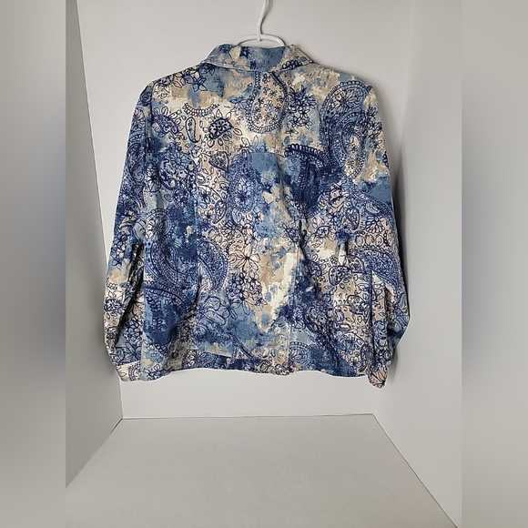 CJ Banks Women's Tan White Blue Balck Button Up Denim Jacket, 1X - Picture 2 of 10
